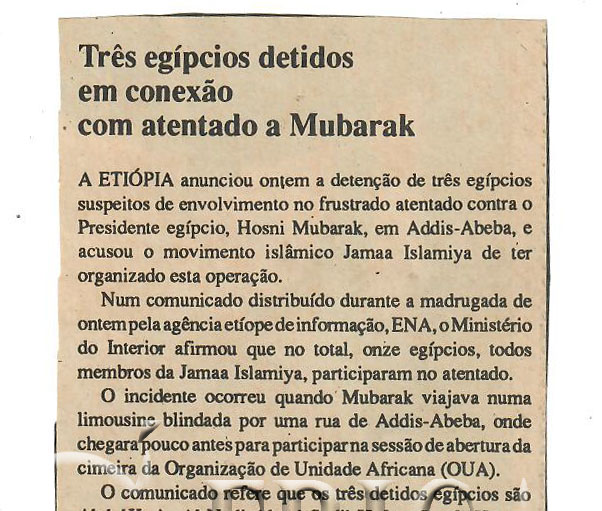 Três egípcios detidos em conexão com atentado a Mubrak – 03 de Agosto de 1995 (Notícias)