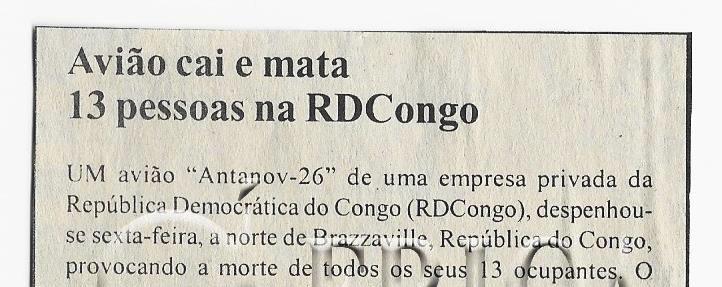 Avião cai e mata 13 pessoas na RD Congo – 12 de Outubro de 2005 (Notícias)