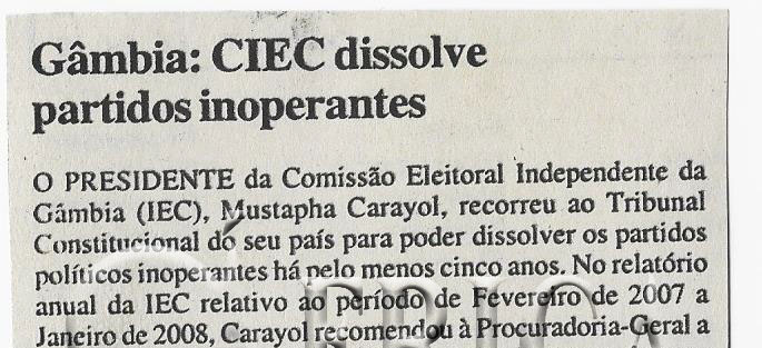 Gâmbia: Comissão Eleitoral Independente dissolve partidos inoperantes – 21 de Março de 2008 (Notícias)