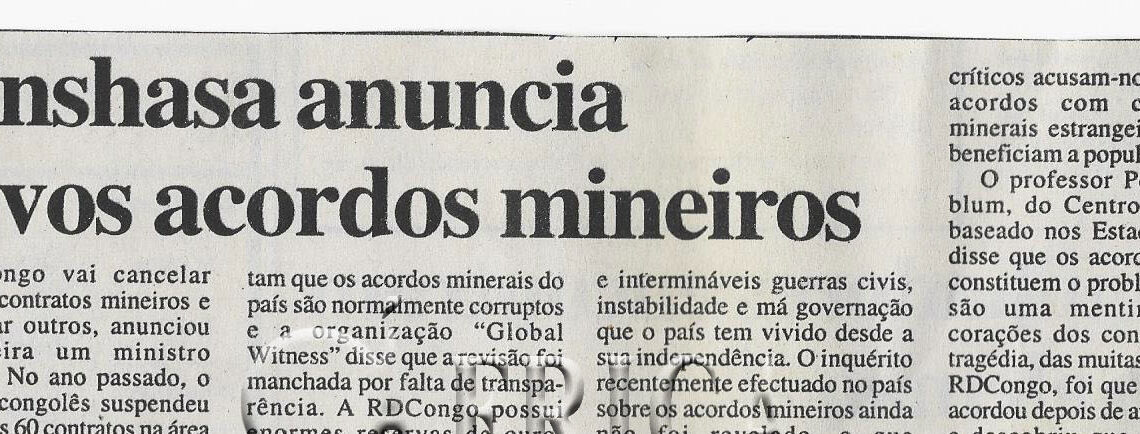 Kinshasa anuncia novos acordos mineiros 26 de Março de 2008 (Notícias)