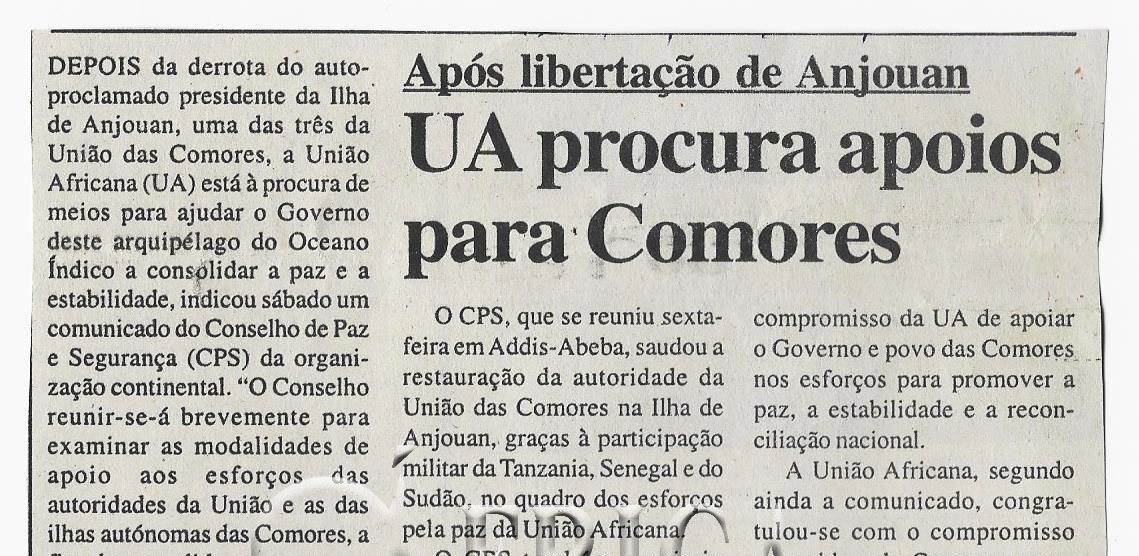 Após libertação de Anjouan: União Africana (UA) procura apoios para Comores – 01 de Abril de 2008 (Notícias)