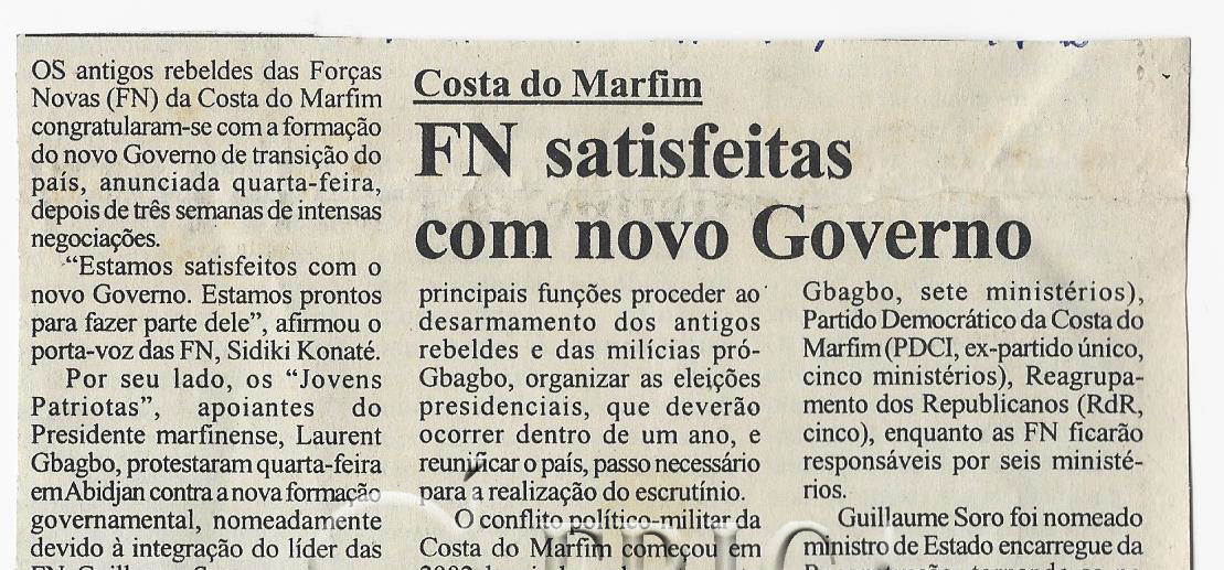 Costa do Marfim: Forças Novas (FN) satisfeitas com novo Governo – 31 de Dezembro de 2005 (Notícias)