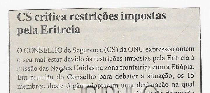 Conselho de Segurança da ONU critica restrições impostas pela Eritreia – 06 de Outubro de 2005 (Notícias)