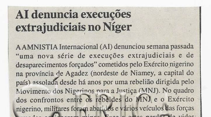 AI (Amnistia Internacional) denuncia execuções extrajudiciais no Níger – 07 de Abril de 2008 (Notícias)