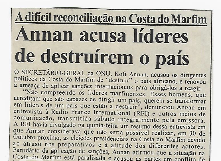 A difícil reconciliação na Costa do Marfim: Annan acusa líderes de destruírem o país – 12 de Setembro de 2005 (Notícias)