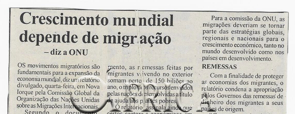 Crescimento mundial depende de migração – diz a ONU (Organização da Nações Unidas) – 07 de Outubro de 2005 (Notícias)