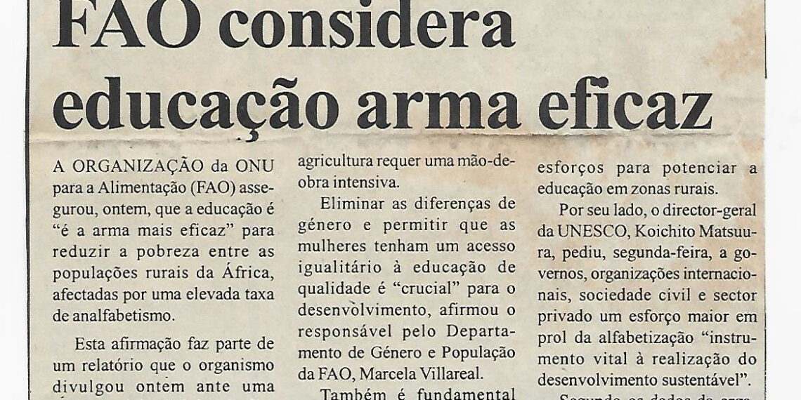 Desenvolvimento da África rural: FAO (Organização da Nações Unidas para Alimentação) considera educação arma eficaz – 07 de Setembro de 2005