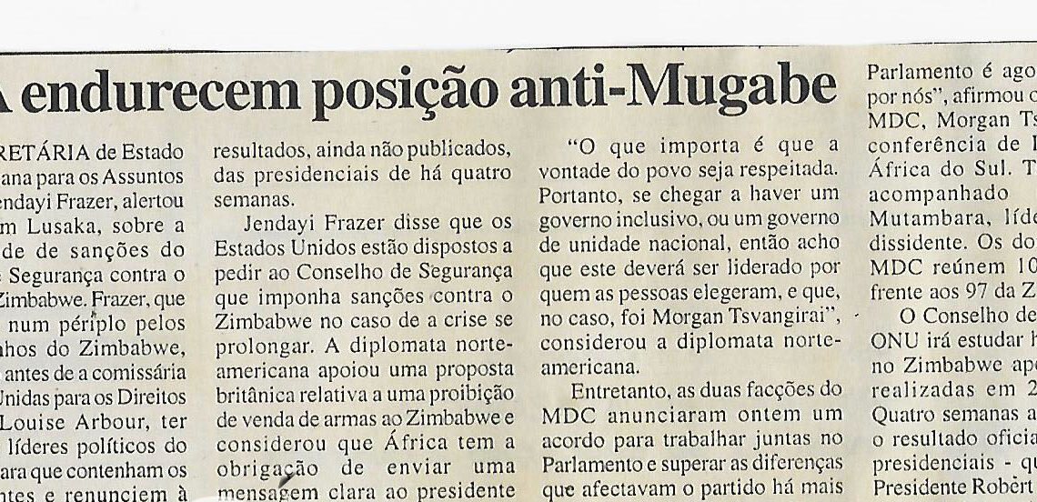 EUA (Estados Unidos da América) endurecem posição anti-Mugabe – 29 de Abril de 2008