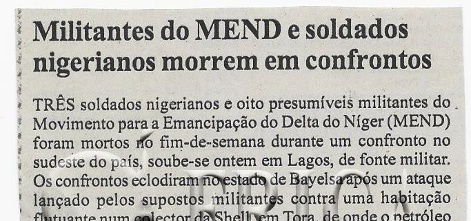 Militantes do MEND (Movimento para a Emancipação do Delta de Níger) e soldados nigerianos morrem em confrontos – 05 de Fevereiro de 2008