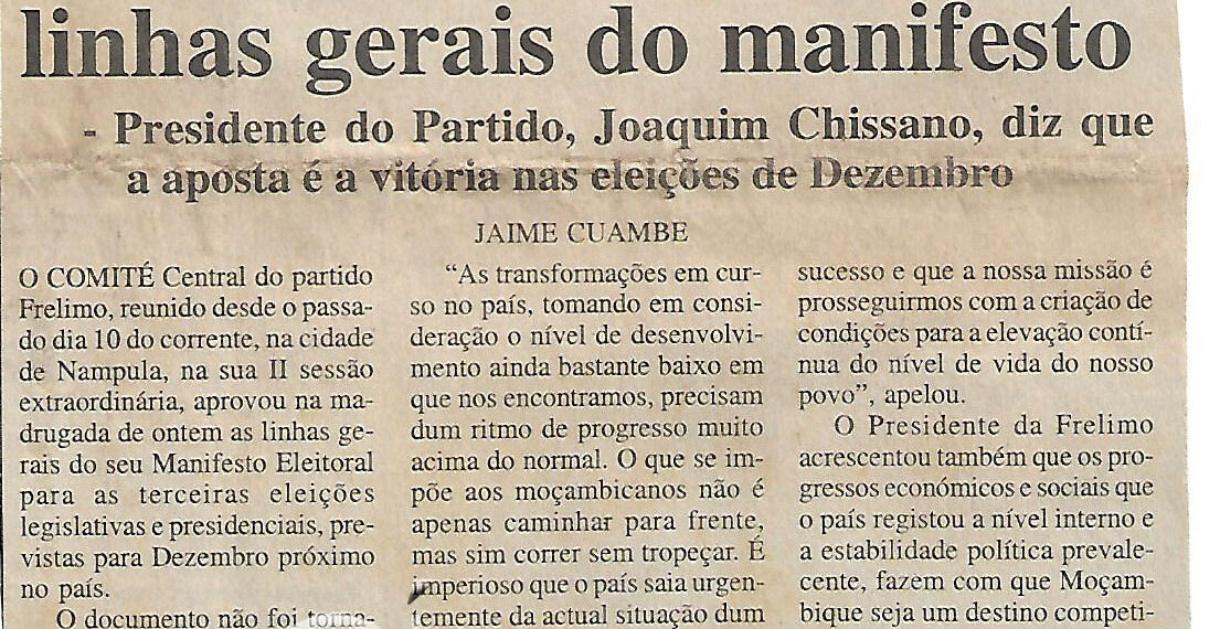 Comité Central (CC) da Frelimo aprova linhas gerais do manifesto – Presidente do Partido, Joaquim Chissano, diz que a aposta é a vitória nas eleições de Dezembro – 14 de Junho de 2004 (Notícias)