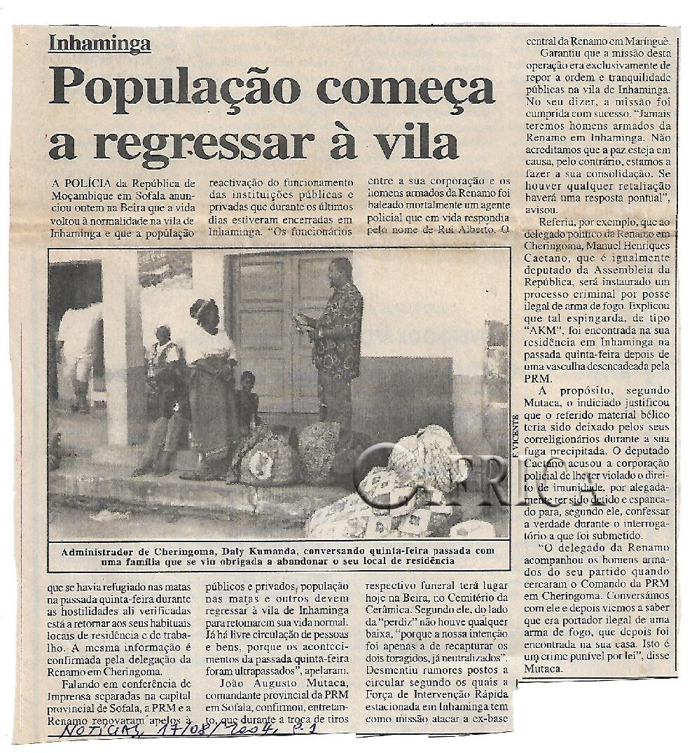Inhaminga – População começa a regressar à vila – 17 de Agosto de 2004 (notícias)