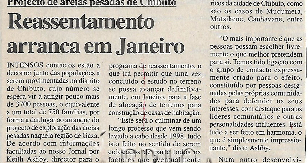 Projecto de areias pesadas de chibuto – Reassentamento arranca em Janeiro – 17 de Agosto de 2204 (Notícias)