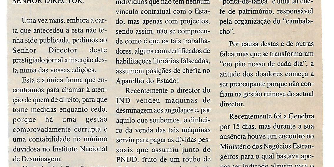 Há saques no Instituto Nacional de Desminagem – 31 de Agosto de 2004 (Notícias)