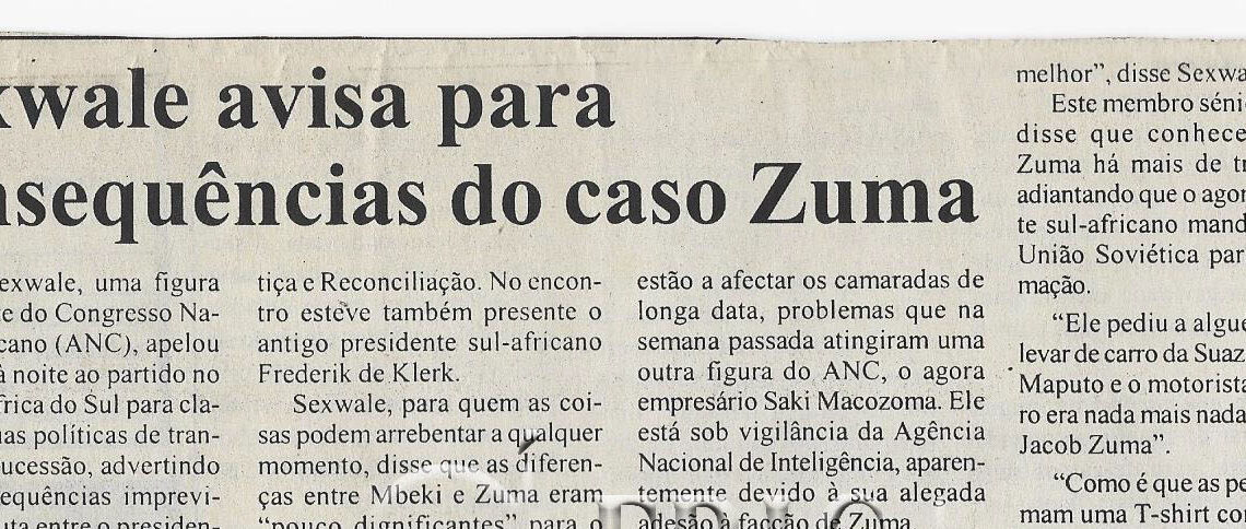 Sexwale avisa para consequências do caso Zuma – 27 de Outubro de 2005 (Notícias)