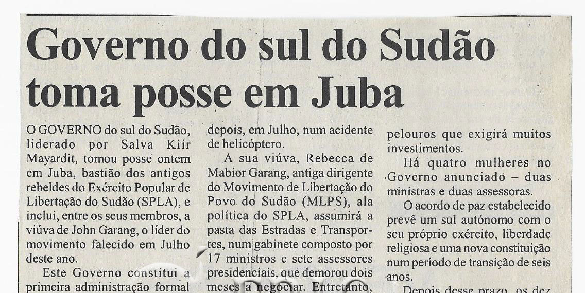 Governo do sul do Sudão toma posse em Juba – 25 de Outubro de 2005 (Notícias)