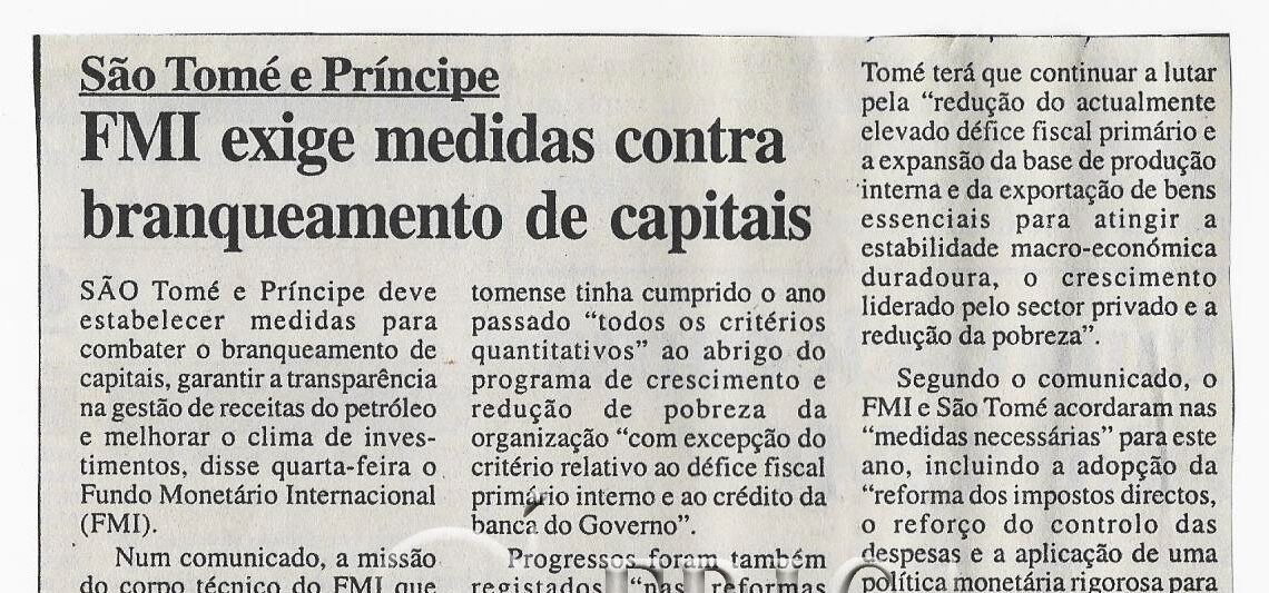 São Tomé e Príncipe: FMI exige medidas contra branqueamento de capitais – 29 de Março de 2008 (Notícias)
