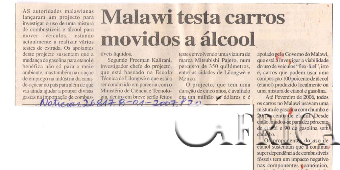 Malawi testa carros testa carros movidos a álcool – 08 de Janeiro de 2007 (Notícias)