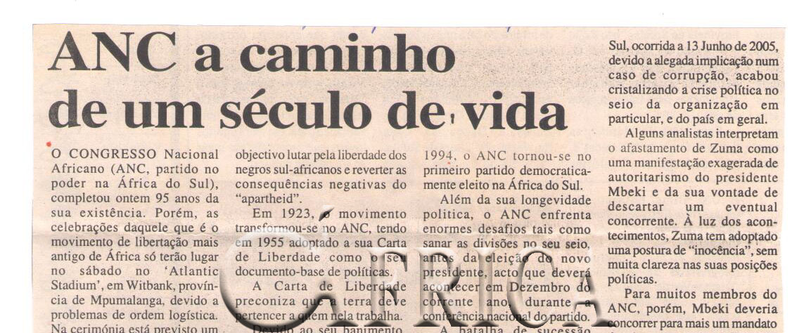 Congresso Nacional Africano (ANC) a caminho de um século de vida – 09 de Janeiro de 2007 (Notícias)