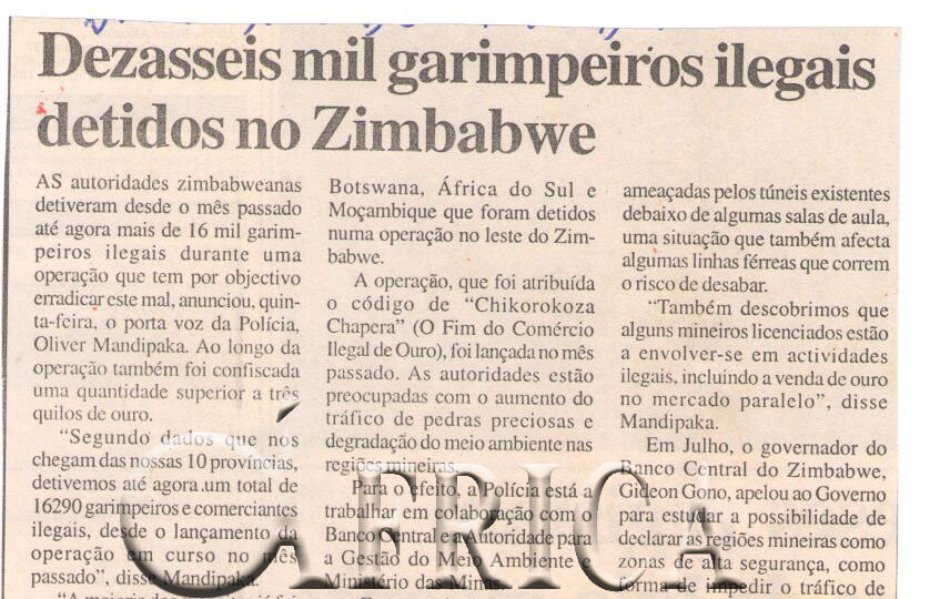 Dezasseis mil garimpeiros ilegais detidos em Zimbabwe – 08 de Janeiro de 2007 (Notícias)