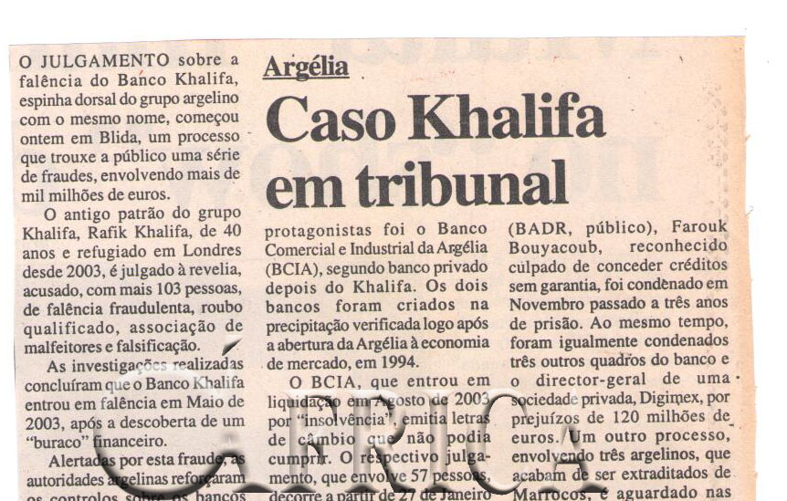 Argélia: Caso Khalifa em tribunal – 09 de Janeiro de 2007 (Notícias)