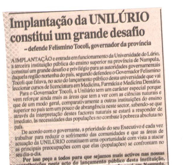 Implantação da Universidade Lúrio (UNILÚRIO) constitui um grande desafio -. Defende Tocoli, governador da província – 25 de Maio de 2007 (Notícias)