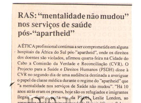 República da África do Sul (RAS): “mentalidade não mudou” nos serviços de saúde pós-“apartheid” – 20 de Junho de 1997 (Notícias)