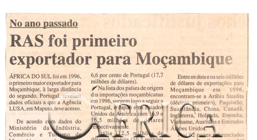 No ano passado: República da África do Sul (RSA) foi primeiro exportador para Moçambique – 28 de Maio de 1997 (Notícias)