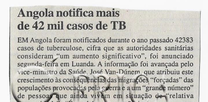 Angola notifica mais de 42 mil casos de TB – 27 de Março de 2008 (Notícias)