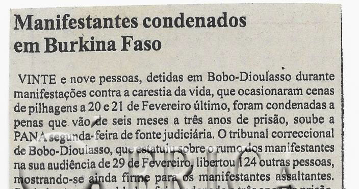 Manifestantes condenados em Burkina Faso – 05 de Março de 2008 (Notícias)