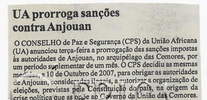 UA prorroga sanções contra Anjouan – 24 de Janeiro de 2008 (Notícias)