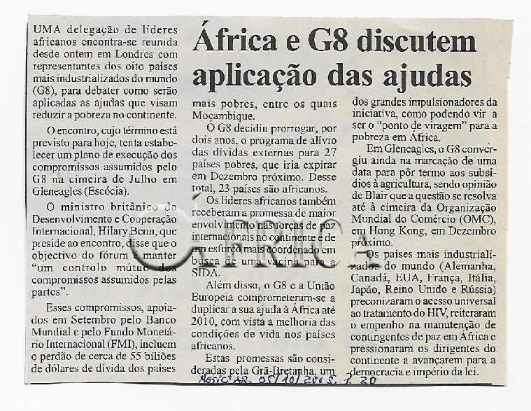África e G8 discutem aplicação das ajudas – 05 de Outubro de 2005 (Notícias)