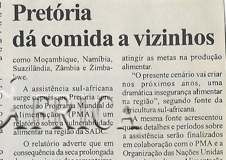 Pretória dá comida a vizinhos – 04 de Outubro de 2005 (Notícias)