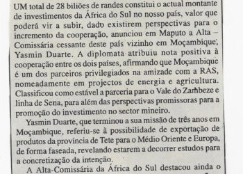 No País: RAS investe mais de 28 biliões de randes – Alta-comissária sul-africana termina missão em Maputo – 11 de Setembro de 2001