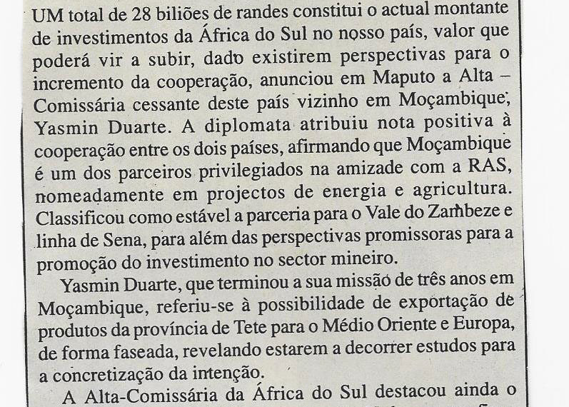 No País: RAS investe mais de 28 biliões de randes – Alta-comissária sul-africana termina missão em Maputo – 11 de Setembro de 2001