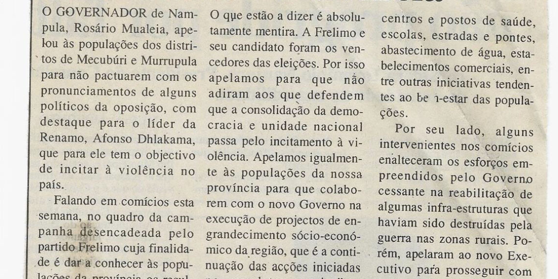 Em Murrupula e Mecubúri: Mualeia apela às populações a não aderir à violência – 16 de Fevereiro de 2000